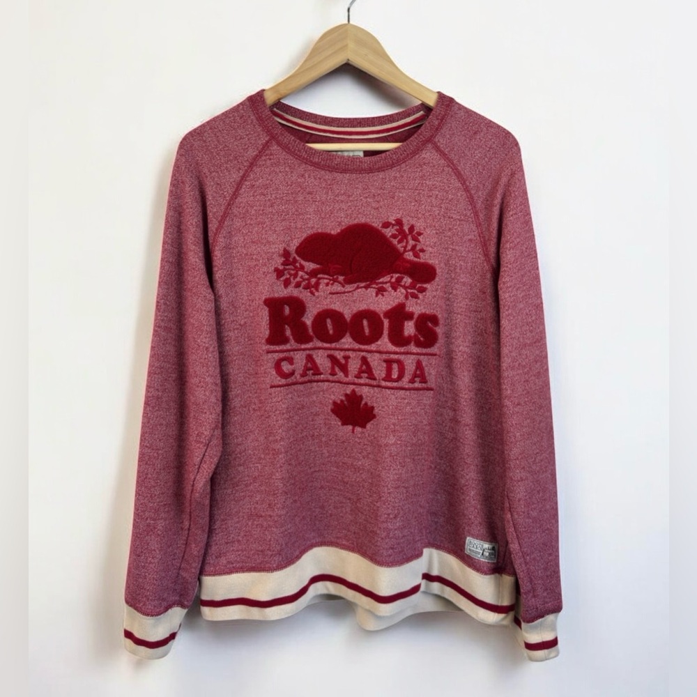 Roots Heathered Red Crewneck Sweater with Cream Trim